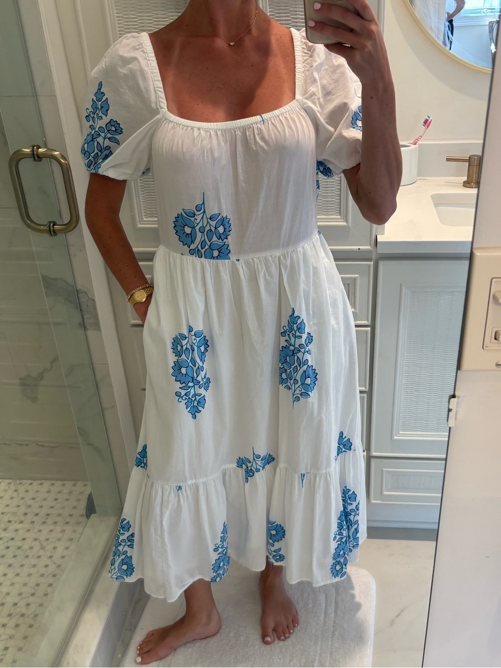 J. Crew White Dress with Blue Floral Trim